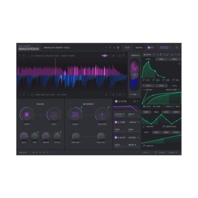 Granular energy field with colorful waveforms and controls.